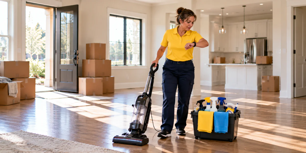 Professional cleaner estimating move-out cleaning time in an empty house