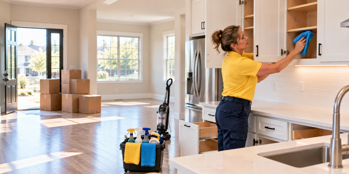 Professional cleaner preparing an empty house before moving in