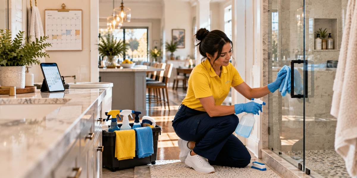 Professional cleaner deep cleaning a home as part of a regular cleaning schedule