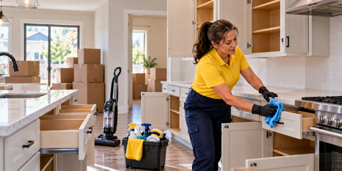 Professional cleaner performing move-out cleaning in an empty home